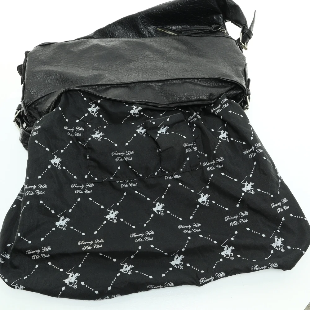 Beverly Hills Polo Club Shoulder Purse Faux Leather Hobo Bag17x13x4 Black/Silver